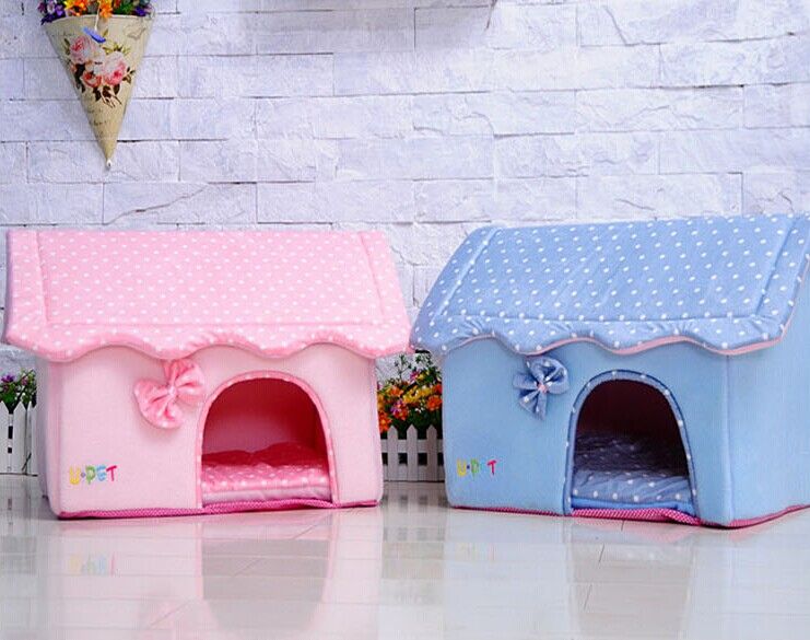 New Sweet Bow Pet Dog Cat Sofa Bed House Kennel Fold House Pink/Blue